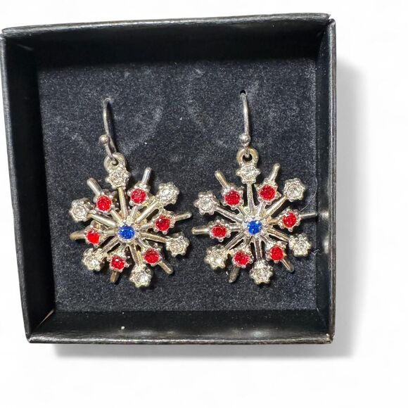 Snowflake Drop Earrings Red White Blue Rhinestone Holiday Dangle Earrings Gift - Picture 5 of 5